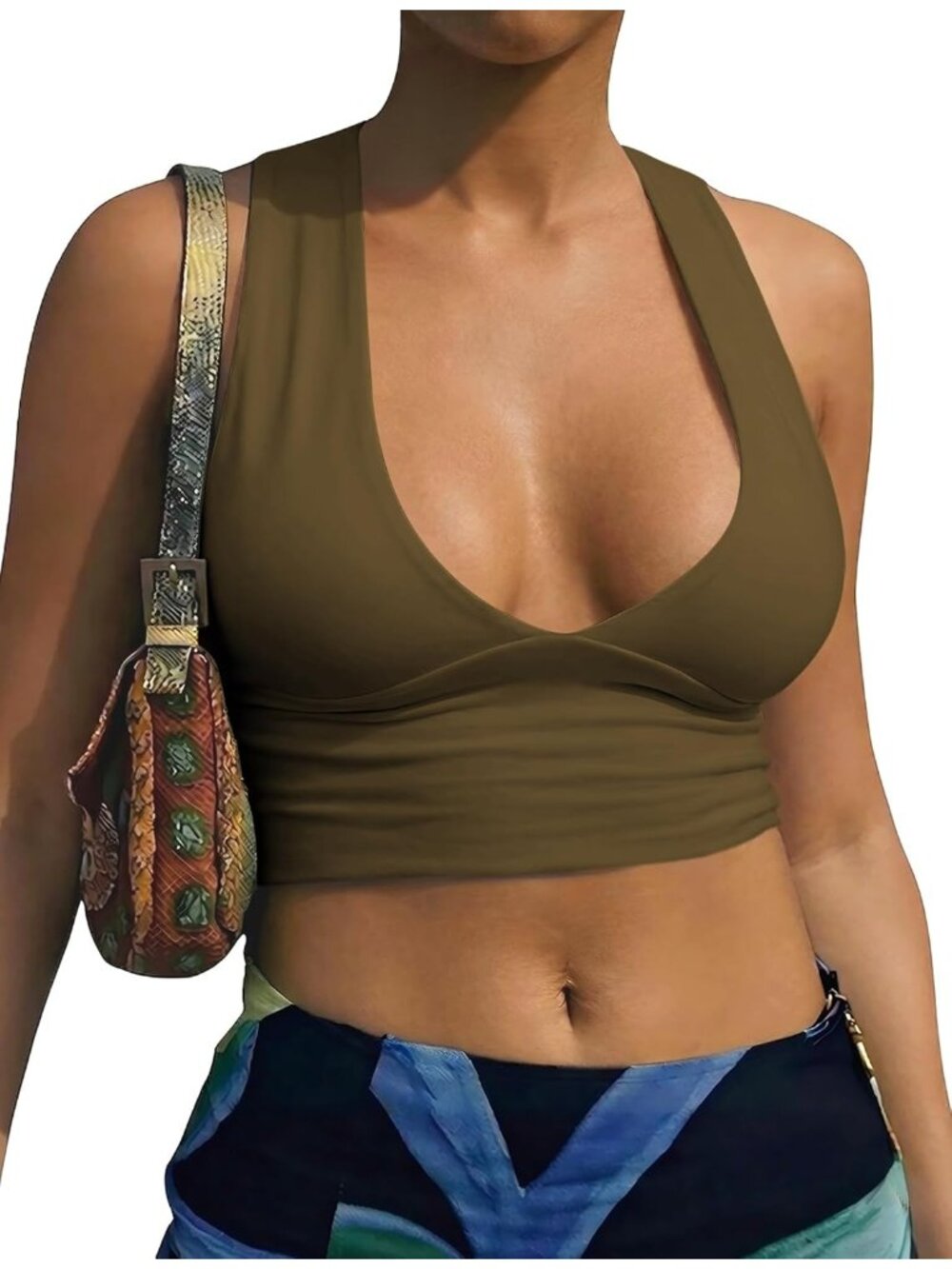 Women's Green Back Plunge Racer Back Cutout V Neck  Pull On Sleeveless Crop Tops